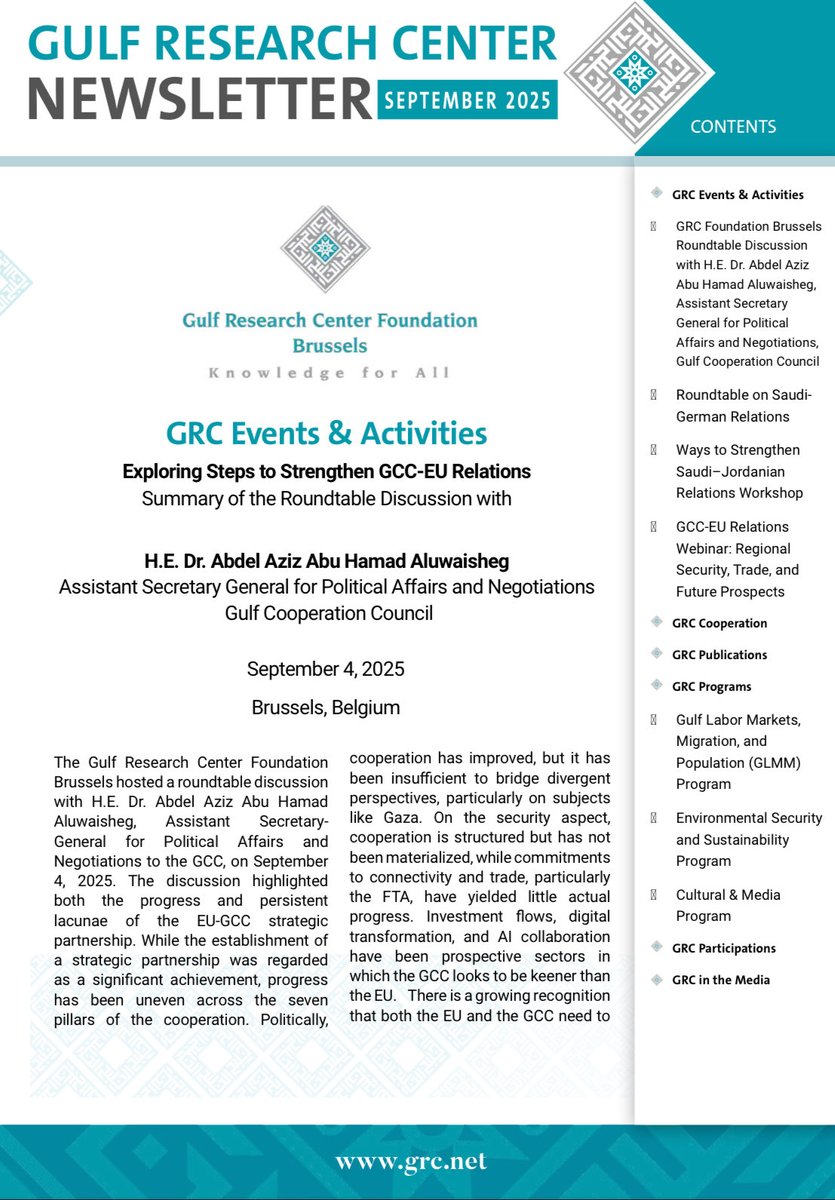 Gulf_Research's tweet image. The Gulf Research Center (GRC) has just released its #September 2025 #Newsletter. 
Click here to learn more about our recent activities and initiatives:
grc.net/documents/68ee…