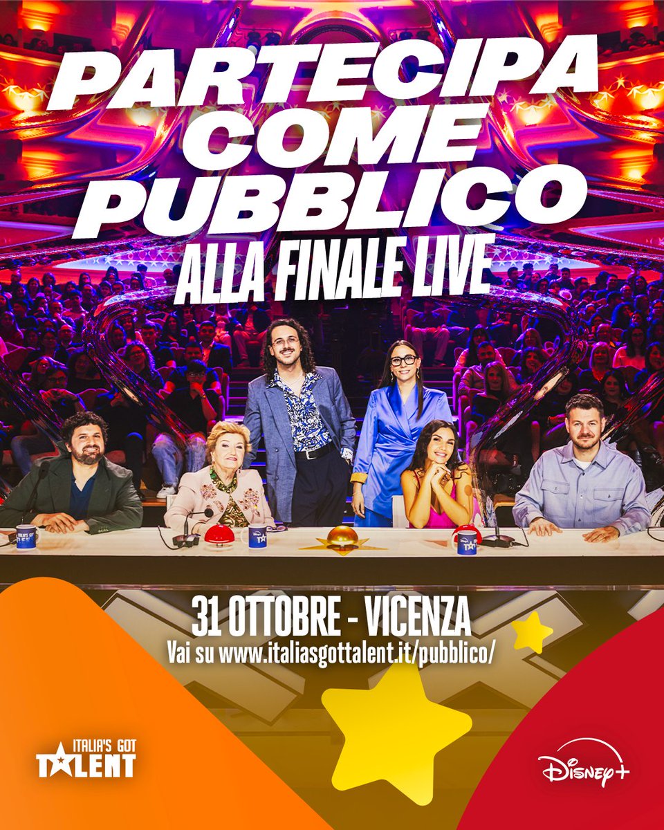 📣 PUBBLICO CERCASI 📣
Vivi la Finale di Italia's Got Talent dal vivo il 31 ottobre a Vicenza! Vai sul nostro sito, compila il form e attendi la mail di conferma 📩

Potresti essere con noi in diretta su <a href="/DisneyPlusIT/">Disney+ IT</a>