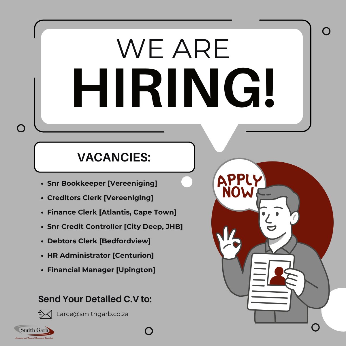 WE ARE HIRING!!!

To apply visit our website smithgarb.co.za or email me on Larce@smithgarb.co.za.

#HiringNow
#recruitment
#BafanaPride
#southafrica
#AFCON2025