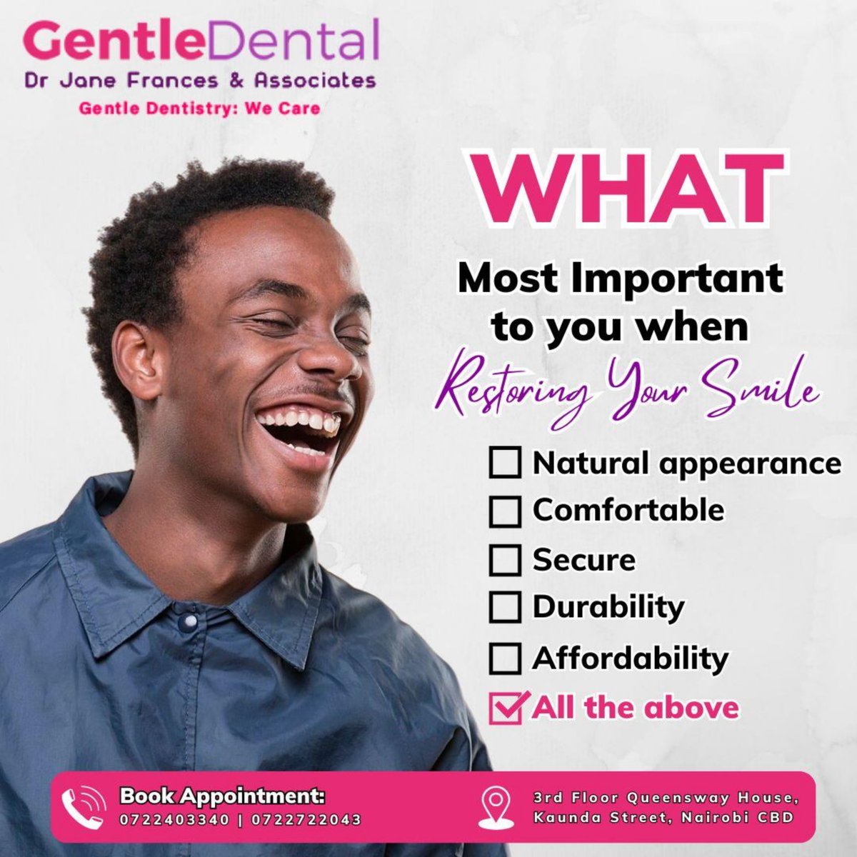 GDentalAfrica's tweet image. At Gentle Dental, we deliver all the above 💯
Your new smile is one consultation away.

📍 3rd Floor, Queensway House, Kaunda Street, Nairobi CBD
📞 Call/WhatsApp: 0722403340/0722722043

#SmileRestorationNairobi #DentalImplantsKenya #ToothReplacement #AffordableDentistry