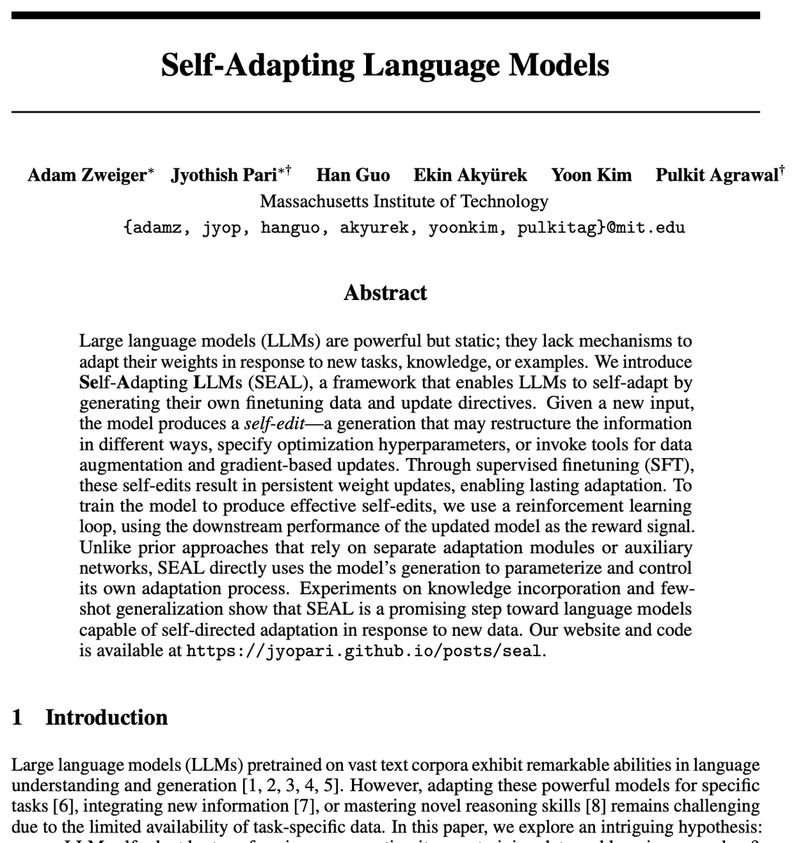 Kaito___AI's tweet image. MITから衝撃の研究が出ました。
自らのコードを書き換えて賢くなるAI、Self-Adapting Language Models (SEAL)が登場。
人間によるファインチューニングを介さず、AIが自律的に学習・進化する画期的なモデルです。
【SEALの仕組み】
1. 自己編集: 新しい情報を読み込み、要約したメモに変換
2.…
