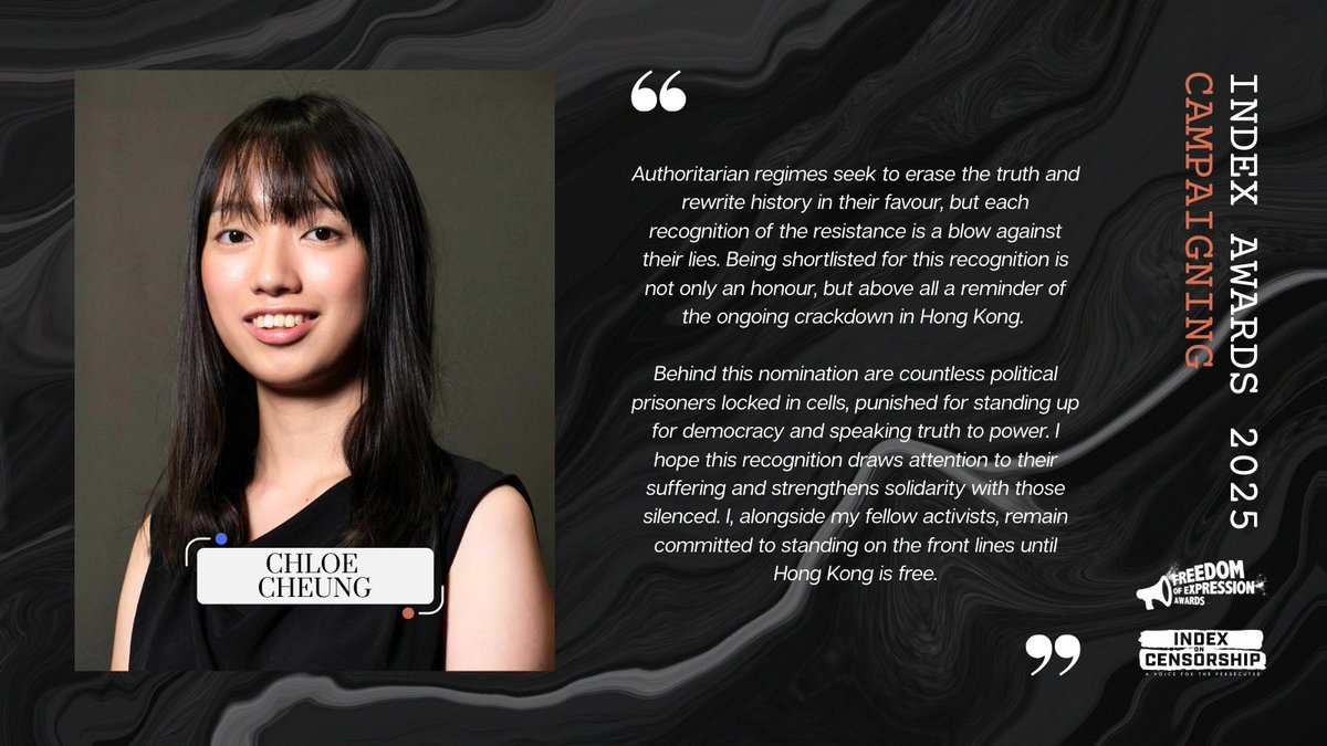 Introducing Chloe Cheung - Campaigning nominee for the 2025 Freedom of  Expression Awards! A #HongKong pro-democracy activist now in the UK, Cheung  continues to campaign for international pressure on HK despite ongoing