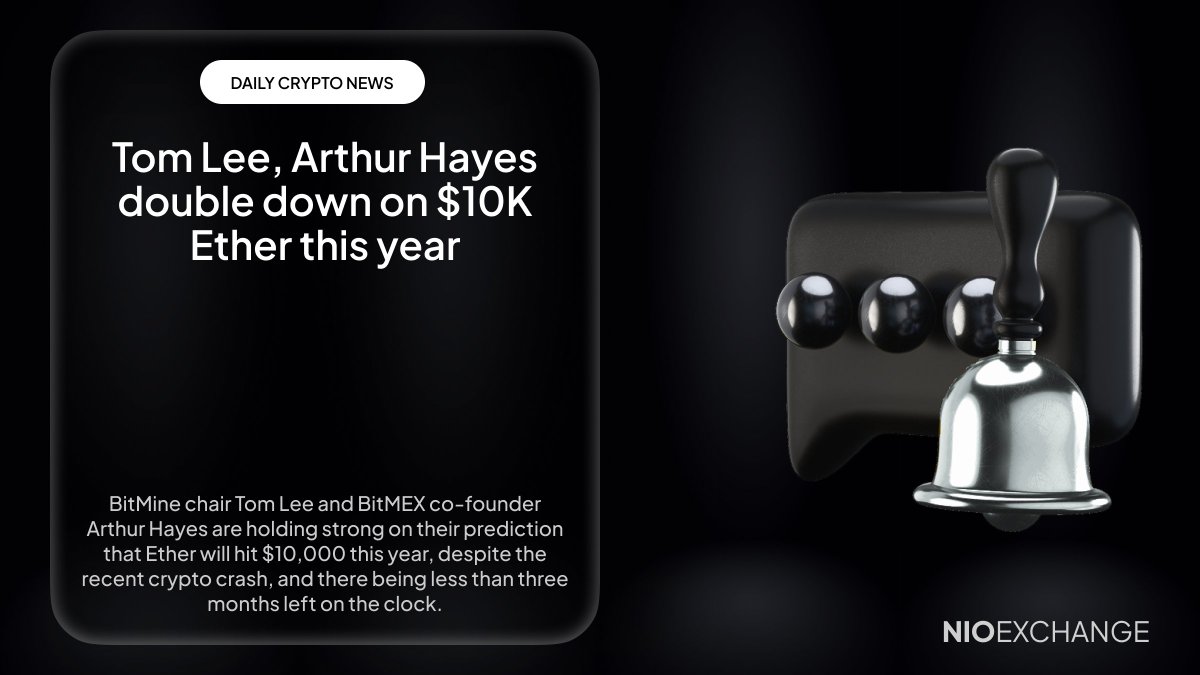 Nioexchange's tweet image. 🚀 $10K $ETH still on the table?

Despite the crash and the ticking clock, Tom Lee &amp;amp; Arthur Hayes remain confident — #Ether could still hit $10,000 this year!

Bold call or brilliant foresight? 👀

#CryptoNews #NioX