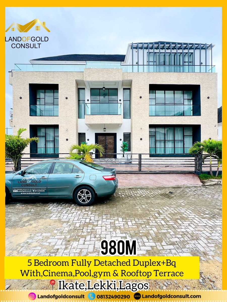 LandofgoldP's tweet photo. 5 BEDROOM FULLY DETACHED DUPLEX+ BQ, CINEMA,POOL,ROOFTOP TERRACE &amp; GYM FOR SALE - 980M- IKATE,LEKKI,LAGOS .

CALL ☎️ 08132490290 
FOR PURCHASE AND INSPECTION

#explore #nigeriansindiaspora #luxuryhomes #property  #propertymanagement  #luxurylifestyle  #luxury  #homedecor https://t.co/1k3eEqUJb2