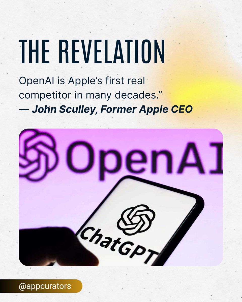 App_Curators's tweet image. Former #AppleCEO John Sculley says OpenAI is Apple’s first real competitor in decades.
As the world moves from the app era to the AI agent era, Apple faces a new kind of challenge — not from another device maker, but from intelligence itself.
#Apple #OpenAI #TechTrends