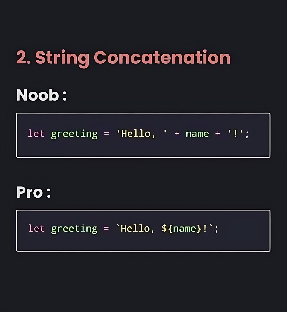 11xcoder's tweet image. Level up your JavaScript game with these 8 essential "Noob vs Pro" code cleanups. Stop writing JS like it's 2012. โ๏ธ Hit save and make your code cleaner, faster, and more readable.
#JavaScript #WebDevelopment #CodeTips #JSPro
