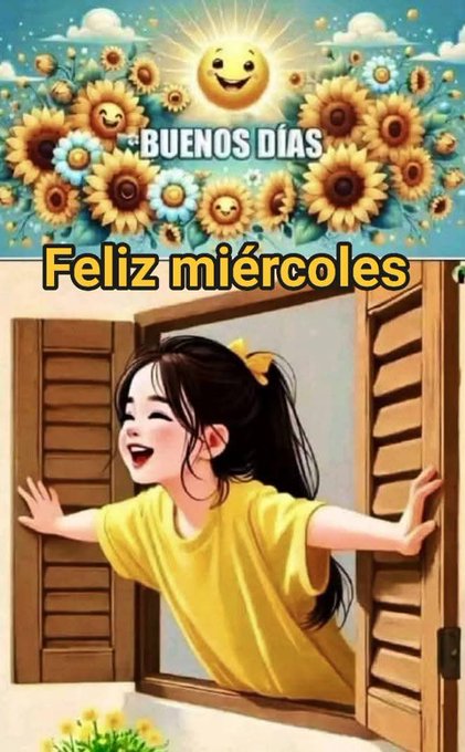 Bright yellow sun with smiling face centered above layered sunflowers in blue sky background with text buenos dias repeated across bottom. Anime-style girl with long black hair tied by yellow ribbon leans out open wooden shutters wearing yellow shirt, smiling with arms outstretched, small potted plant with yellow flowers on windowsill, text Feliz miercoles below image.