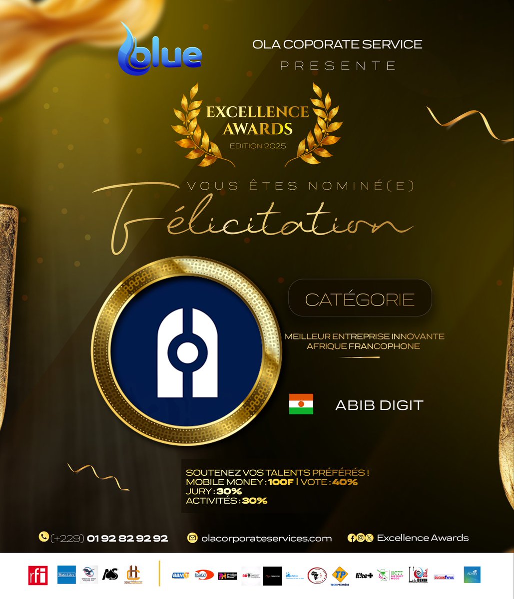 🏆 ABIB DIGIT - Meilleure Entreprise Innovante Afrique Francophone ! 

Nous sommes nominés aux Excellence AWARDS Editon 2025. C’est une fierté pour notre entreprise de représenter les couleurs du pays 🇳🇪❤️.