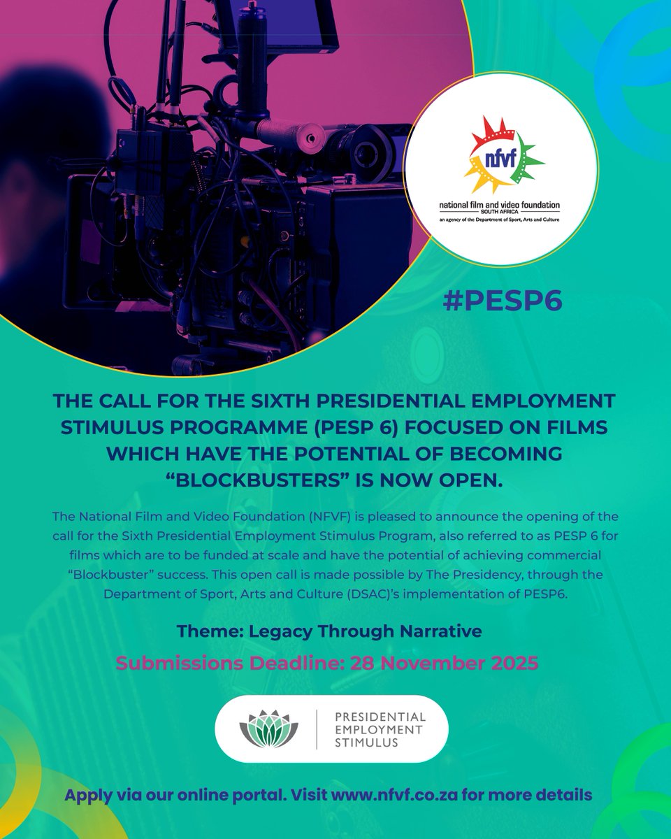 The Call for the Sixth Presidential Employment Stimulus Programme
(PESP 6) Focused on Films Which Have the Potential of Becoming “Blockbusters” is Now Open. 

Deadline: 28 Nov 2025

Apply via: zurl.co/4gc0Z

Click here for more information: zurl.co/N3PHE