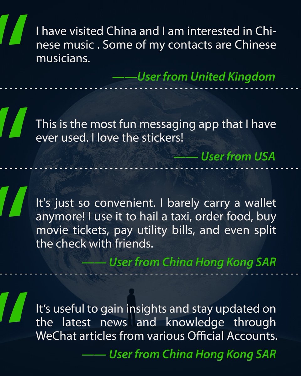 Weixin_WeChat's tweet image. Why do people around the world use Weixin/WeChat? 🌏
 💬 “My closest friends are all there.”
 💬 “I barely carry a wallet anymore.”
These are just some of the stories we heard — and we’ve already sent out e-Gift Cards 🎁 to the most thoughtful participants! (Check your inbox 👀)…