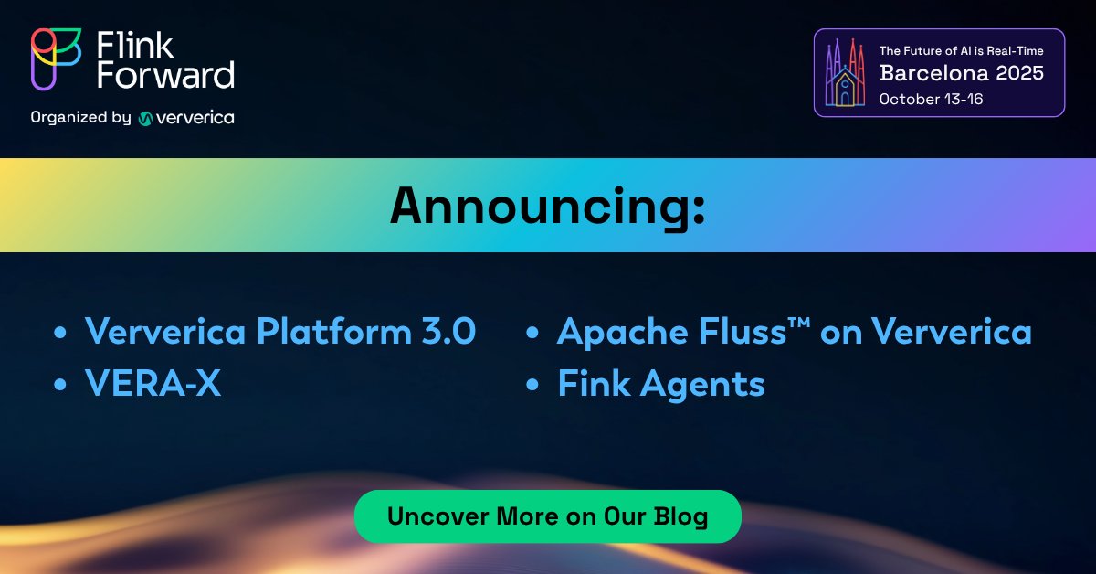 📣At #FlinkForward Barcelona 2025, we unveiled four groundbreaking innovations redefining what’s possible in #streaming, #AI, and unified data systems! 🚨

✨ Ververica Platform 3.0
⚡ VERA-X
🌊 Apache Fluss™ on Ververica
🤖 Flink Agents

👉 hubs.li/Q03NyLjY0