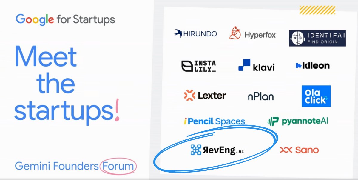 From nearly 1k applications, we are pleased to say that <a href="/RevEng_AI/">RevEng.ai</a> has been selected as one of 53 AI startups joining the first ever <a href="/GoogleStartups/">Google for Startups</a> Gemini Founders Forum cohort; and we couldn't be more thrilled.

Find out more by going here:
blog.google/outreach-initi…