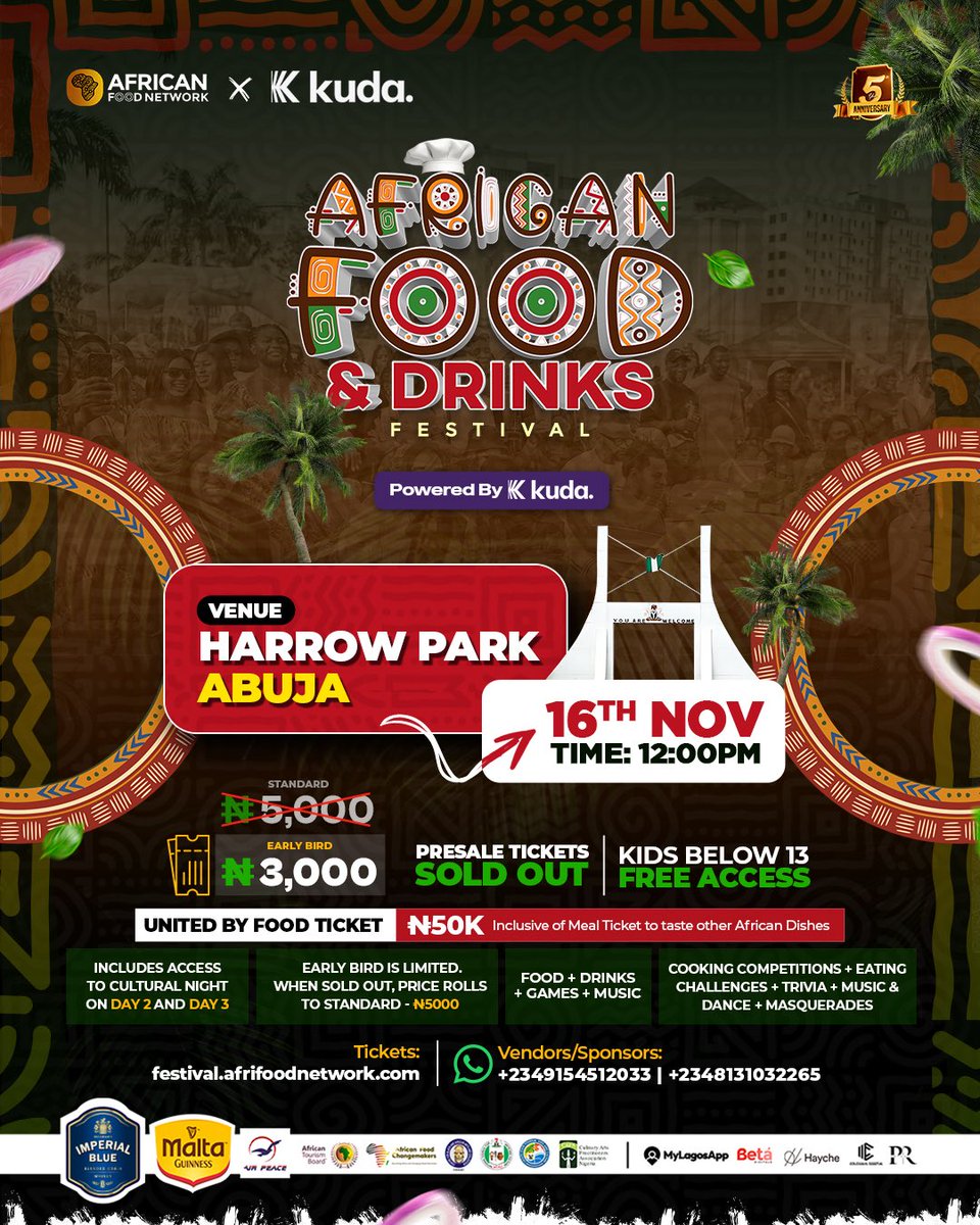 The biggest food and drinks experience in Africa lands in Abuja this November!

📍 Harrow Park
📆 16th Nov
⏱️ 12PM

Early bird: ₦3,000 | Kids below 13: Free
United by Food Ticket: ₦50,000 (includes access to Cultural Night + Meal Ticket)

.
.

#AfriFoodFestival #abujaevents