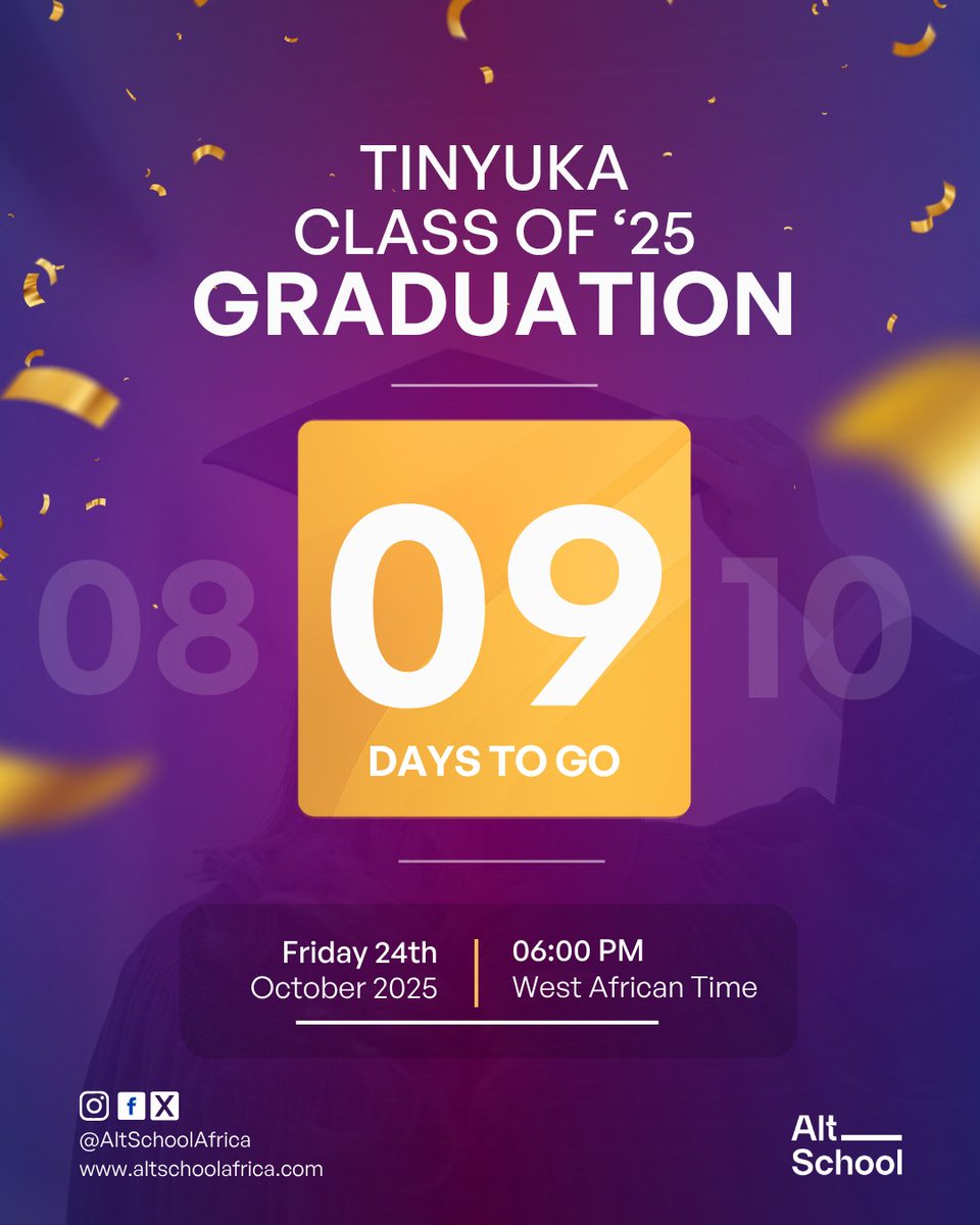 The countdown is on! 🎉
Just 9 days to go until we celebrate the incredible Tinyuka Class of ’25 at their graduation ceremony! 🥳
Mark your calendars: Friday, 24th October 2025 | 6 PM WAT
#AltSchoolAfrica #TinyukaGraduation #Classof25