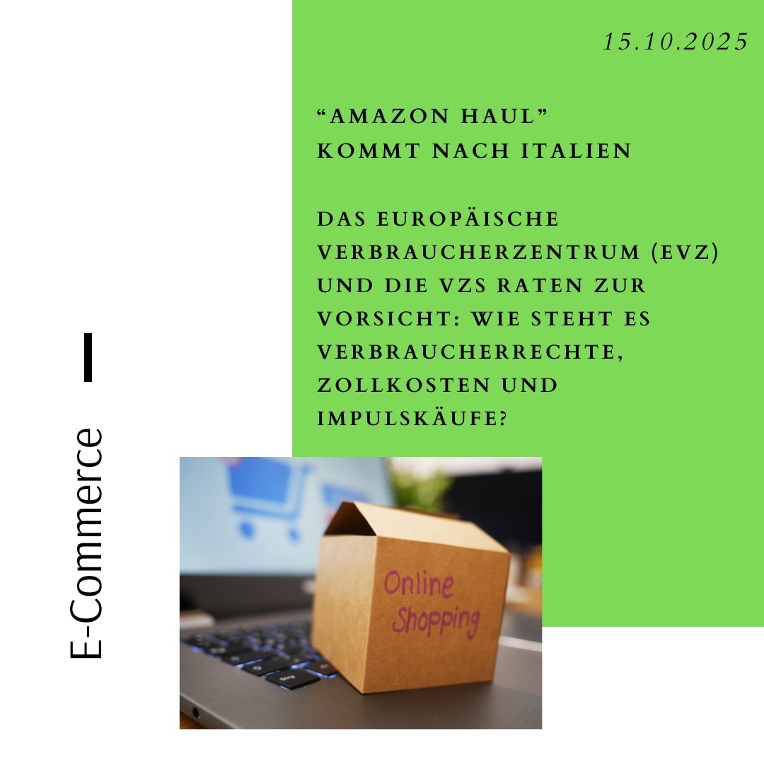 📢 “Amazon Haul” 📦 kommt nach #Italien
Das  Europäische Verbraucherzentrum (#EVZ Bozen) und die #VZS raten zur 🔎 #Vorsicht: wie steht es #Verbraucherrechte,  #Zollkosten und Impulskäufe⁉️
🔗 consumer.bz.it/de/amazon-haul…
#ecommerce #amazonhaul #onlineshopping #onlinekauf #infos