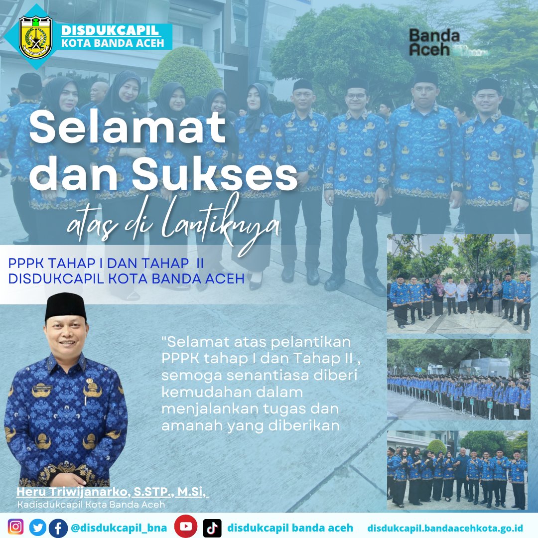 Assalamu'alaikum 
Hai Sobat Dukcapil Kota Banda Aceh 

Keluarga besar Disdukcapil Kota Banda Aceh mengucapkan Selamat dan Sukses atas dilantiknya PPPK Tahap I dan PPPK Tahap II Disdukcapil Kota Banda Aceh 

#pppk #bandaaceh #disdukcapil