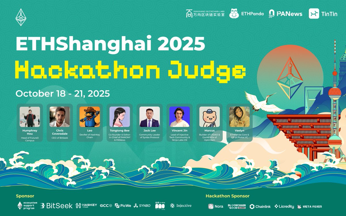 📅 #ETHShanghai 2025 Hackathon kicks off this Saturday!

We’re excited to announce our 8 incredible judges — leaders and builders with diverse expertise and hands-on experience. 🌟

👉 Humphrey Hou｜Head of <a href="/_Future3Campus_/">Future3 Campus by Wanxiang Blockchain Labs</a>
👉 Chris Coveradale｜CEO of <a href="/BitSeek_Ai/">BitSeek</a>
👉
