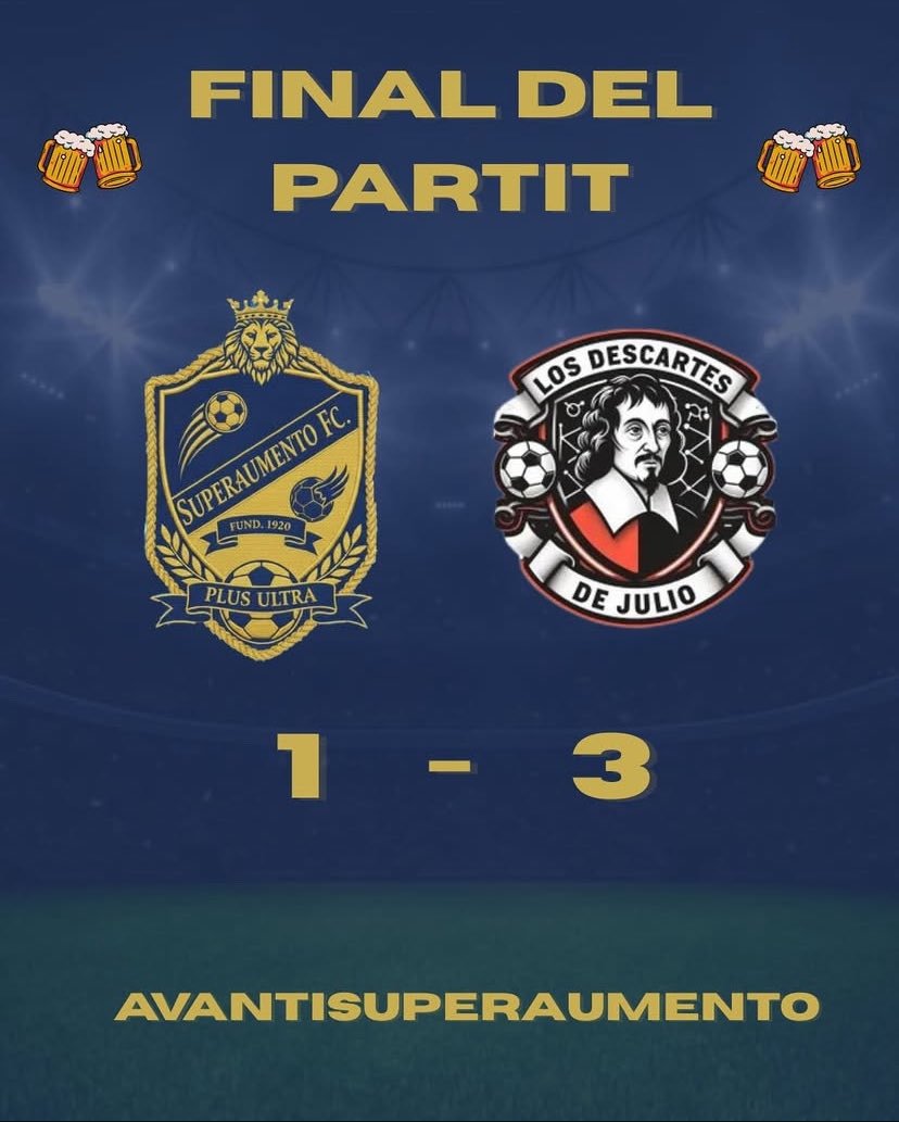 SuperaumentoFC's tweet photo. 💪🏻 FINAL DEL PARTIT

🔸 Superaumento FC 1-3 Descartes de Julio

⚽️ @lopezmarat 39’ (1-3)

#Avanti #UnSentiment💙💛 https://t.co/2DKEWdsT2f