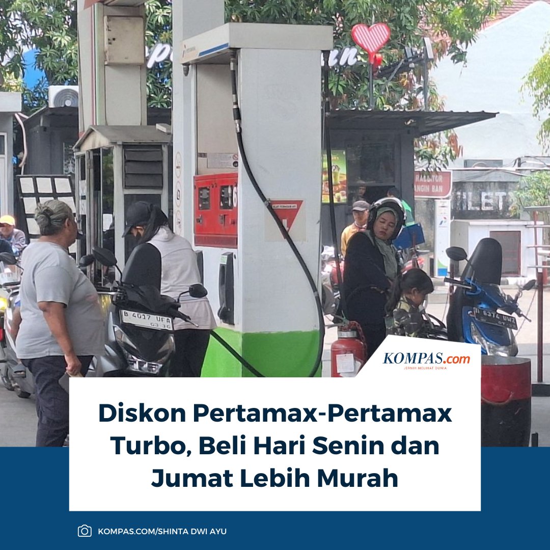 kompascom's tweet image. PT Pertamina Patra Niaga menyediakan promo pembelian bahan bakar minyak (BBM) di bulan Oktober 2025. Pembelian Pertamax dan Pertamax Turbo jadi lebih murah pada hari Senin dan Jumat.

Baca di sini: money.kompas.com/read/2025/10/1…

~TA #Pertamax #PertamaxTurbo #Pertamina