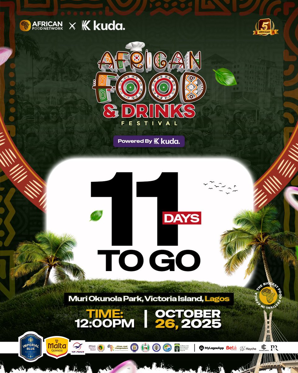 11 DAYS till we EAT, DRINK &amp; CELEBRATE AFRICA! 🍲🍹
Don’t miss it 🔥

📍 Muri Okunola Park, VI
📅 Oct 26 | ⏰ 12PM

Link in bio to get your tickets!!

.
.
.
.

#afrifoodfest #africanfoodanddrinksfestival #afrifoodfestival #foodfestival #lagosfoodie #lagosevents