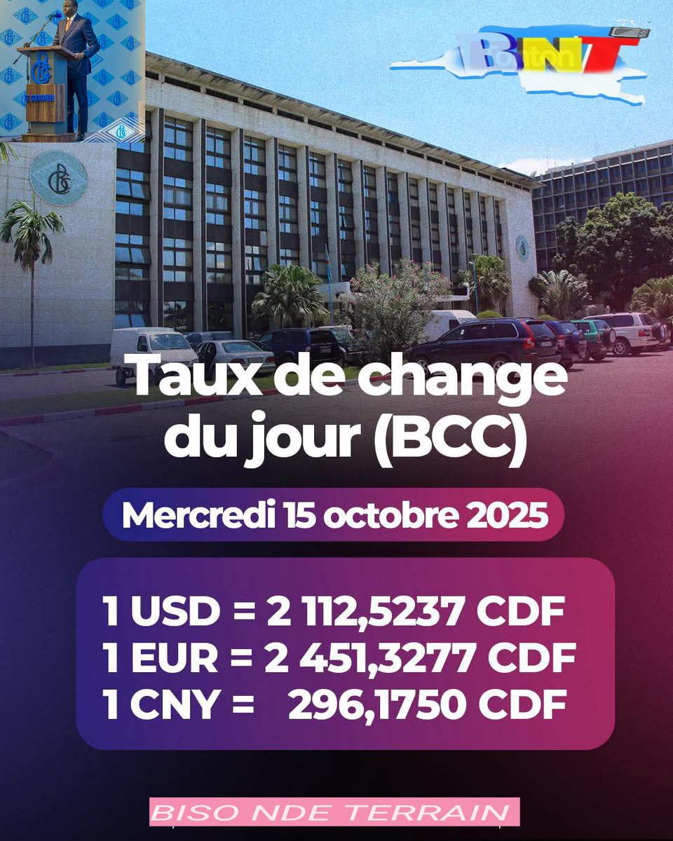 dan_ndjibu's tweet image. 🛑#RDC🇨🇩: 1️⃣$ s&apos;échange à 2 112,5237 CDF selon la Banque Centrale du Congo #BCC, ce mecredi 15 octobre 2025.

La Banque Centrale du Congo vous demande de ne pas faire confiance aux taux des cambistes et des spéculateurs.

@Presidence_RDC @PrimatureRDC
@erick_lunda @SIfodji…