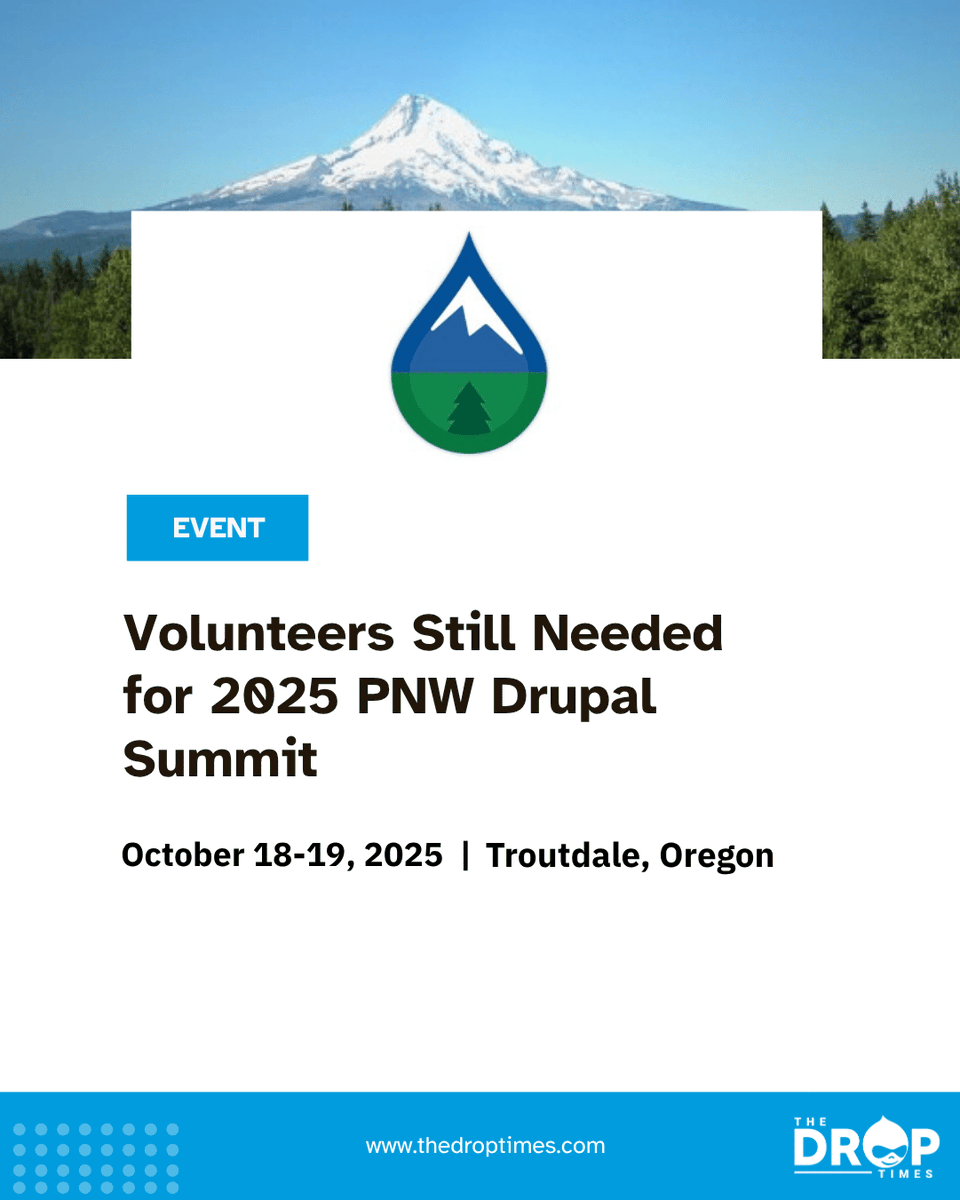 thedroptimes's tweet photo. 🎤 Registration, A/V, and media help needed at the 2025 PNW @DrupalSummit  (Oct 18–19)!

🏞️ Troutdale, Oregon | $25 volunteer ticket discount 

🔗 https://t.co/AXo3kOUosc 

#DrupalSummit #PNWDrupal #DrupalEvents #OpenSourceCommunity https://t.co/WjCRCS2bep