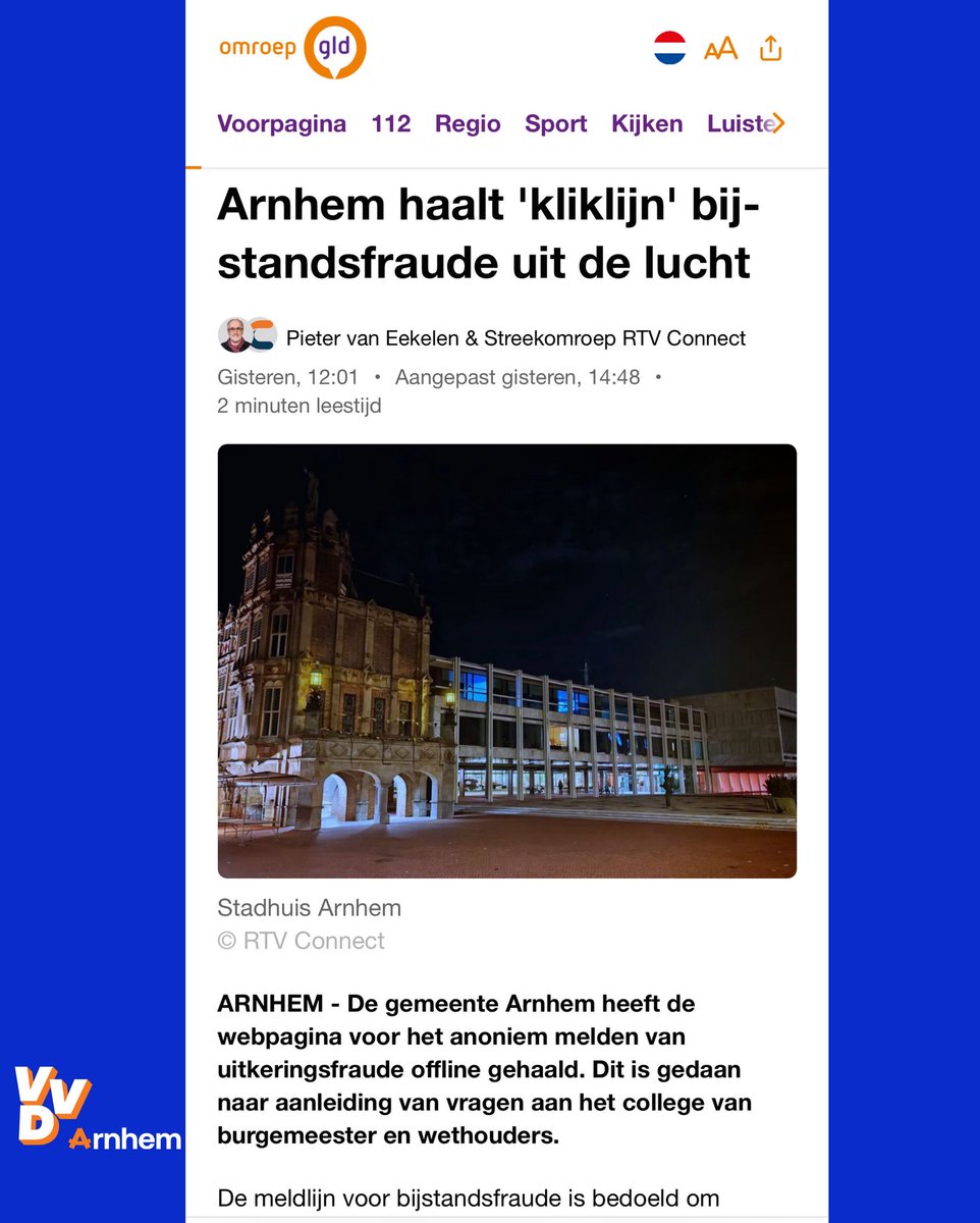 In Arnhem worden niet de fraudeurs aangepakt, maar de mensen die fraude melden. Dat laat precies zien waarom je VVD Arnhem mist in dit college. 

Goed, wij hebben extra zin in de lokale verkiezingen straks in maart 2026.

Artikel verder lezen?👇

gld.nl/nieuws/8378968…