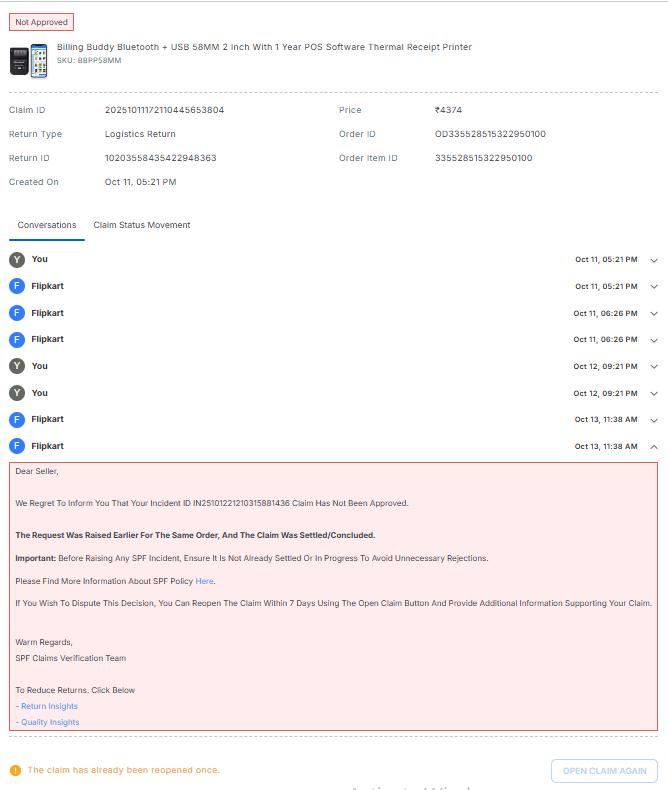 tryoninfosoft's tweet photo. [Tweet 2/3]

We received a fake &amp; used product in return, but SPF credited only ₹791.72 against our ₹4000 genuine Billing Buddy product.

Now the “Reopen Claim” option is disabled, leaving us unheard. This is unacceptable! https://t.co/puoBqVs6RH