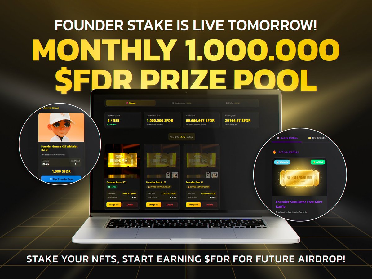 FOUNDER STAKE GOING LIVE TOMORROW!

👉stake.foundersimulator.com

Stake your Founder Pass and, earn from 1.000.000 $FDR monthly prize pool for airdrop. 

New Features included with launch
- Marketplace 
- Raffle
