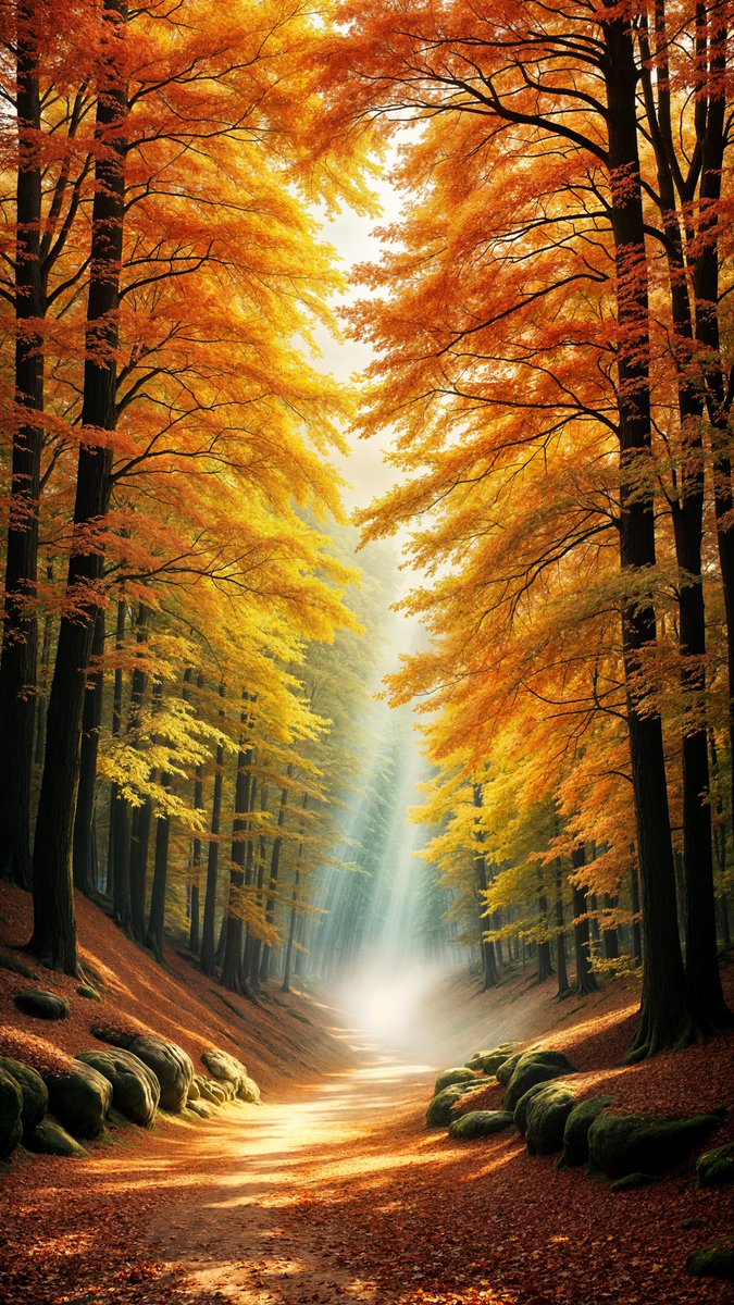 p_chusaengsri's tweet image. A sunlit forest path surrounded by vibrant orange and yellow foliage, with rays of light piercing through the trees.
#SunlitForest #AutumnFoliage #NaturePath #GoldenLeaves #LightThroughTrees