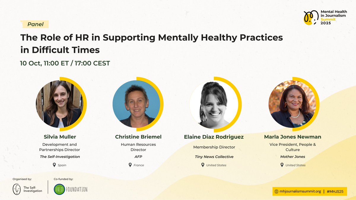 selfinvestigate's tweet image. Heard at #MHJS25 🧠 
👉🏽Some actions make a clear difference to promote #MentalHealth in newsrooms:
✅ Breaking the stigma around asking for help
✅ Offering benefits like flexible schedules 
✅ Providing managers with specialized training 
✅ Building alliances in the media field