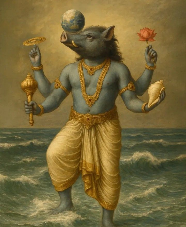 Dharma_Tales's tweet image. “The Divine Boar who lifted the Earth from the depths — Varaha, the embodiment of strength, devotion, and cosmic balance "