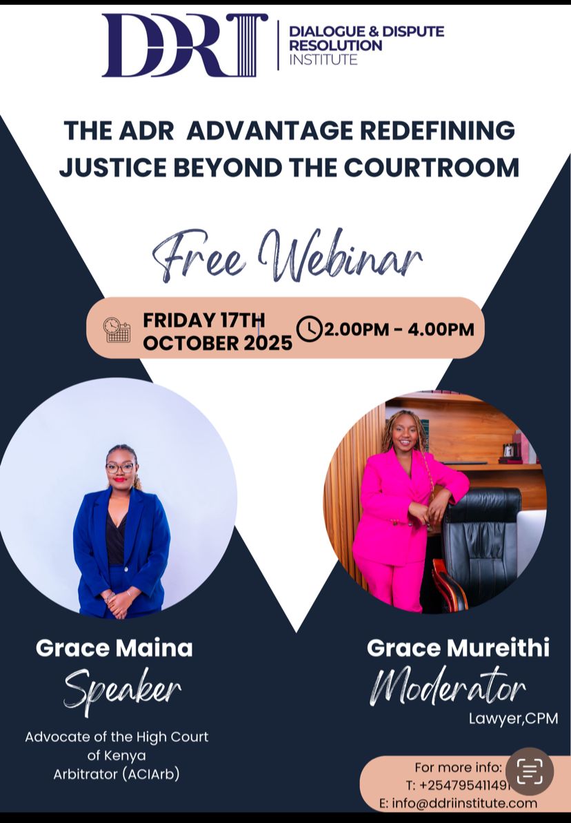 WyneLegal's tweet image. Join us this Friday for an eye-opening session by Grace Maina, Advocate of the High Court of Kenya, as we unpack “The ADR Advantage: Redefining Justice Beyond the Courtroom.”

Secure your spot: forms.gle/NNvjmnJiqG9RPH…
🗓 Friday, 17th October 2025
🕑 2:00 PM – 4:00 PM (EAT)