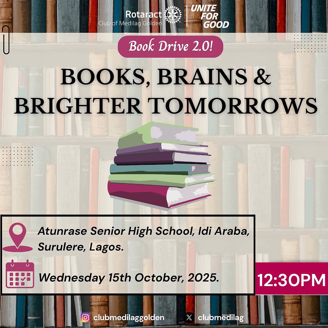 ClubMedilag's tweet image. 📚 Today’s the day!

Our Book Drive Project is here — spreading knowledge, hope, and the love of reading.

#RotaractBookDrive #RotaractInAction