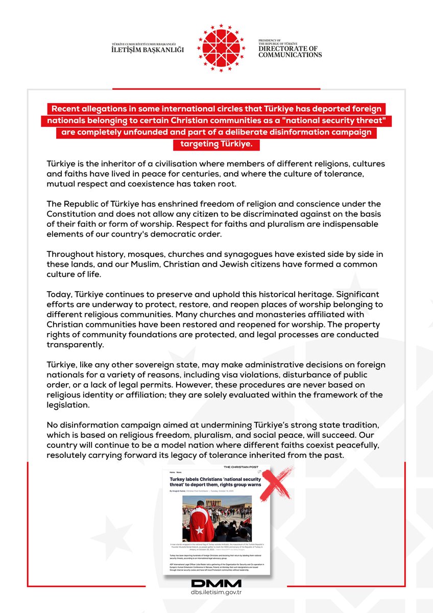 Dezenformasyonla Mücadele Merkezi (@dmmiletisim) on Twitter photo Recent allegations in some international circles that Türkiye has deported foreign nationals belonging to certain Christian communities as a "national security threat" are completely unfounded and part of a deliberate disinformation campaign targeting Türkiye.
Türkiye is the Recent allegations in some international circles that Türkiye has deported foreign nationals belonging to certain Christian communities as a "national security threat" are completely unfounded and part of a deliberate disinformation campaign targeting Türkiye.
Türkiye is the