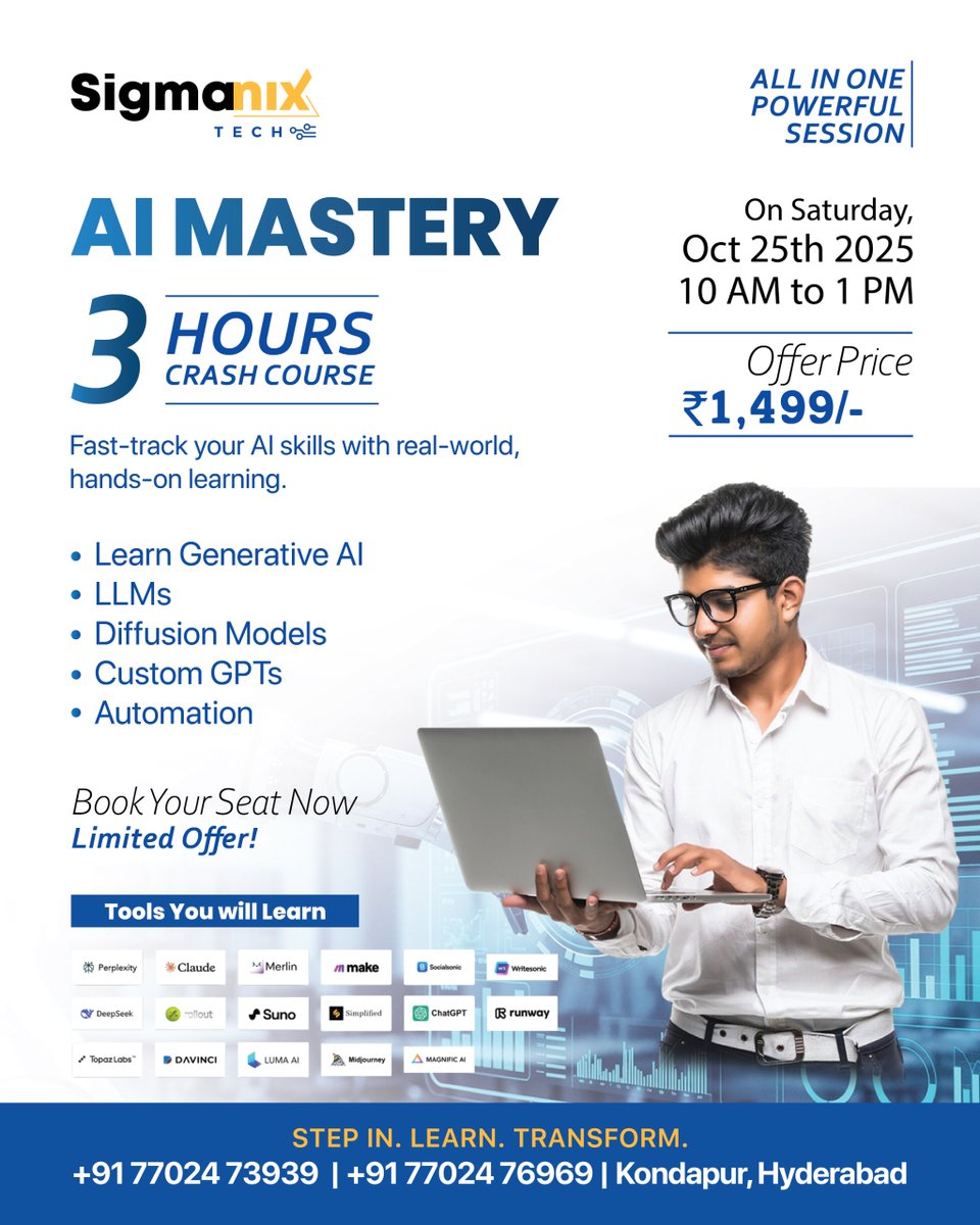 sigmanixtech's tweet image. Crack the Code of the Future — in Just 3 Hours!

Ready to step into the world where machines think, create, and innovate? 🚀
This isn’t another lecture — it’s your gateway to mastering the most powerful AI tools shaping tomorrow.
