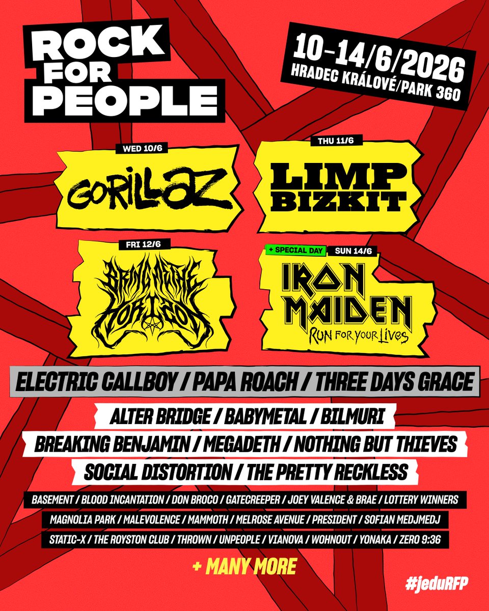 OZNAMUJEME DALŠÍ HEADLINERY #RockforPeople2026 - GORILLAZ &amp; LIMP BIZKIT! 
K nim přidáváme Three Days Grace, Babymetal, Nothing But Thieves a další hvězdy! 🤩

🎟️ VSTUPENKY V PRODEJI ▶️ rockforpeople.cz/tickets/.

#jeduRFP #rockforpeople <a href="/gorillaz/">gorillaz</a> <a href="/limpbizkit/">Limp Bizkit</a> #gorillaz #limpbizkit