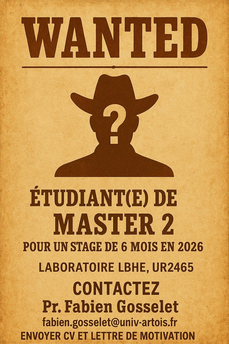 Le LBHE recrute des étudiants de Master 2 pour la période de Janvier à juin 2026. Envoyez vos candidatures au Directeur du Laboratoire (Pr. Maxime Culot) ou au Pr. Fabien Gosselet. N'hésitez pas à diffuser !