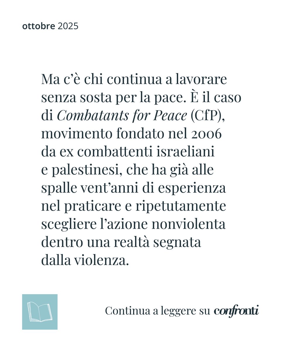 Combatants for Peace è un movimento binazionale che riunisce attivisti israeliani e palestinesi nella resistenza non violenta con l’obiettivo di costruire un futuro di uguaglianza e pace.
Leggi l'articolo di Mia Biran sul numero di ottobre! Acquistalo qui: ow.ly/wgJq50X4QQK