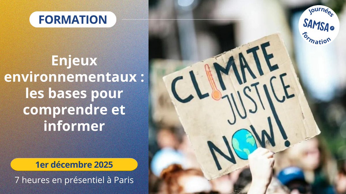 🌿 Envie d'être un acteur du changement climatique ? Ne manquez pas notre formation ""Climat"" à Paris 🌍

🗓️ Dates : 1er décembre 2025

Développez votre capacité à raconter des histoires à impact sur le climat et inspirez votre audience: samsa.fr/formations/for…