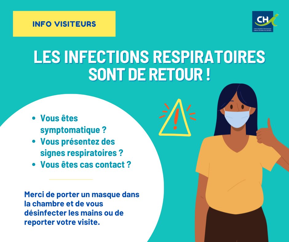 😷 𝗟𝗲𝘀 𝗶𝗻𝗳𝗲𝗰𝘁𝗶𝗼𝗻𝘀 𝗿𝗲𝘀𝗽𝗶𝗿𝗮𝘁𝗼𝗶𝗿𝗲𝘀 𝘀𝗼𝗻𝘁 𝗱𝗲 𝗿𝗲𝘁𝗼𝘂𝗿
➡️ Vous êtes symptomatique/cas contact ?
Merci de porter 1 masque à l’hôpital et de vous désinfecter les mains ou de reporter votre visite.
Adoptons les bons réflexes pr limiter la transmission