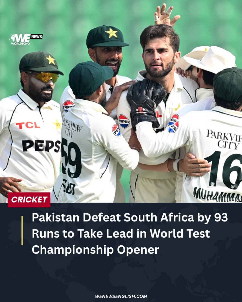 🏏 Pakistan Defeat South Africa by 93 Runs to Take Lead in World Test Championship Opener

Player of the Match: Noman Ali 6/112 &amp; 4/79

Brief Scores:

Pakistan: 378 &amp; 167
South Africa: 269 &amp; 183 (T:277)