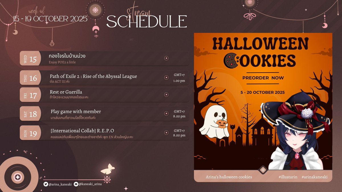 arina_kaneaki's tweet photo. Stream Schedule : 15/10 - 19/10 2025
แวบมาแปะตารางไลฟ์ Highlight มี Collab กับเพื่อนๆวีไทยและต่างชาติเกม R.E.P.O มีเล่นเกมกับคุณเมโลดี้ด้วยค่ะ รอติดตามกันน้า
Hashtags :
✨MAIN - #arinakaneaki 
✨LIVE -  #arinastream
✨Song - #ariosing
✨Art -  #illustarin 
✨Fan - #Arimelody https://t.co/Bbu1WYMrWW