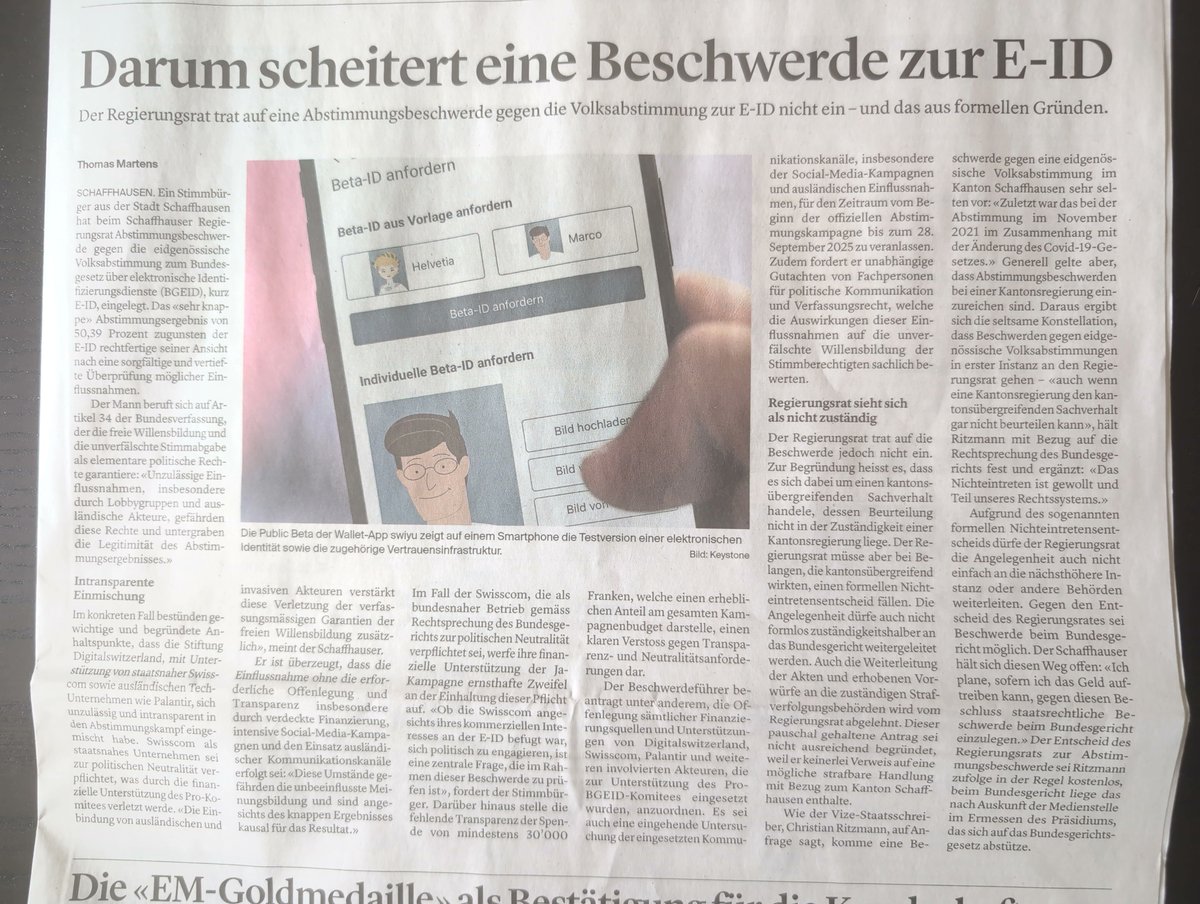goalsschweiz's tweet image. Heute berichtete die &quot;Schaffhauser Nachrichten&quot; über meine Abstimmungsbeschwerde zur #eID. Ich hoffe man kann es lesen.