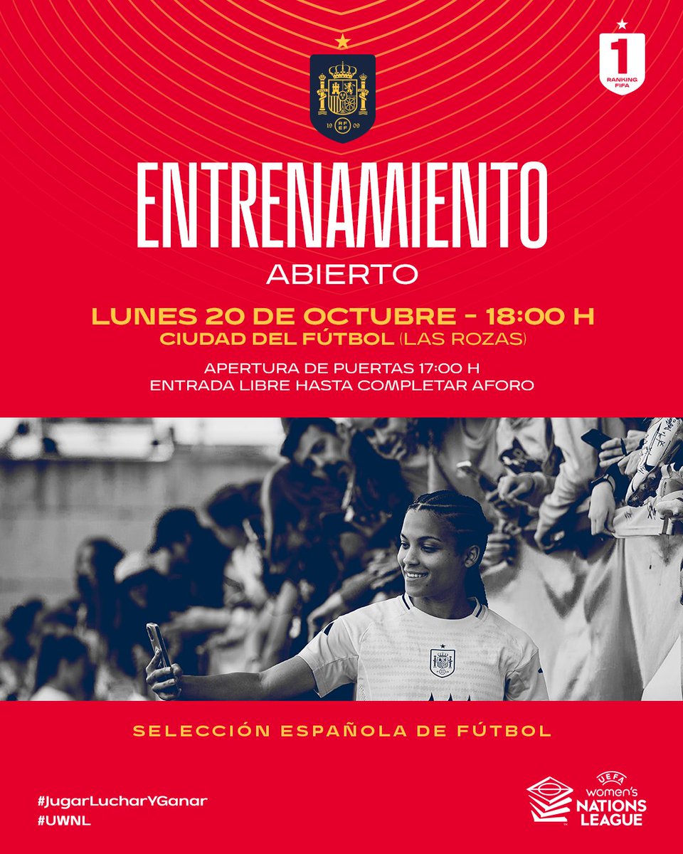 SEFutbolFem's tweet image. ⚓️ ¡𝗔𝘃𝗶𝘀𝗼 𝗮 𝗻𝗮𝘃𝗲𝗴𝗮𝗻𝘁𝗲𝘀!

🏃‍♀️ Entrenamiento abierto de la @SEFutbolFem con sorpresas 😵.
🗓️ Lunes, 20 de octubre.
⏰ 18:00h.

¿Os venis a animar a las nº1 del Mundo antes de las semifinales de la #UWNL?

ℹ️ rfef.es/es/noticias/es…

#JugarLucharYGanar