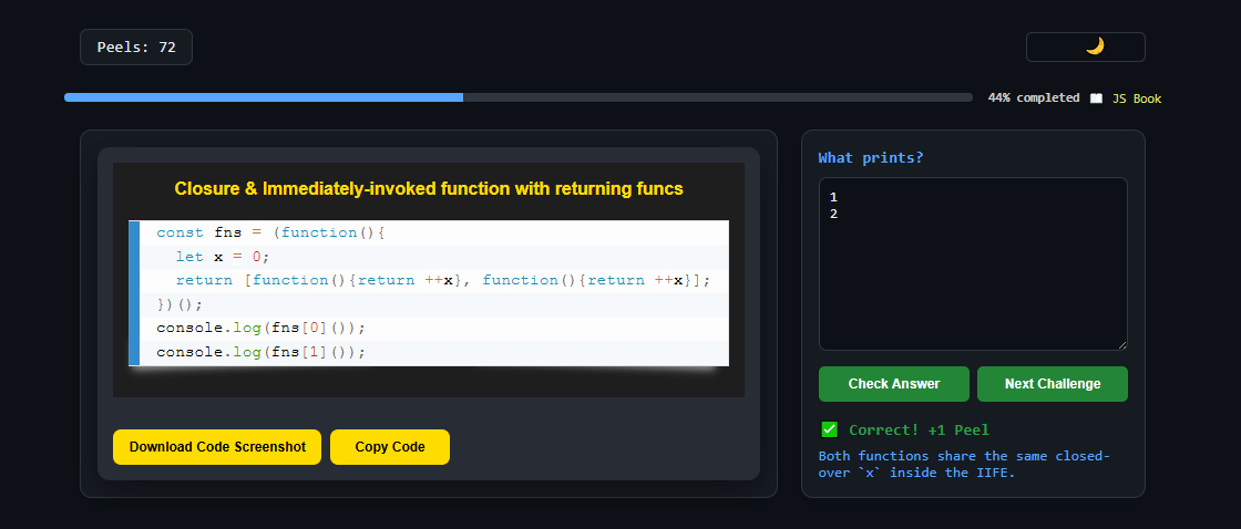 koomekelvink's tweet image. Javascript closures are usually secretly connected
🔽both increment the same x.

Closure challenge -&amp;gt; 
peelcode.devsip.tech/peel/closure/i…

#javascriptlearning #javascripttips #SoftwareDevelopment #SoftwareEngineering #buildinpublic #letsconnect #100DaysOfCode
