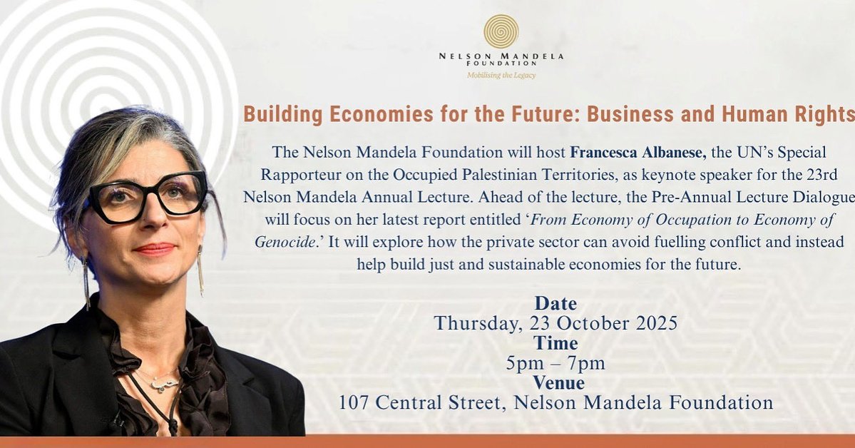 The Nelson Mandela Foundation is honoured to host Francesca Albanese, the UN Special Rapporteur on the Occupied Palestinian Territories, as the keynote speaker for the 23rd Nelson Mandela Annual Lecture.

In the lead-up to the lecture, we invite you to a Pre-Annual Lecture