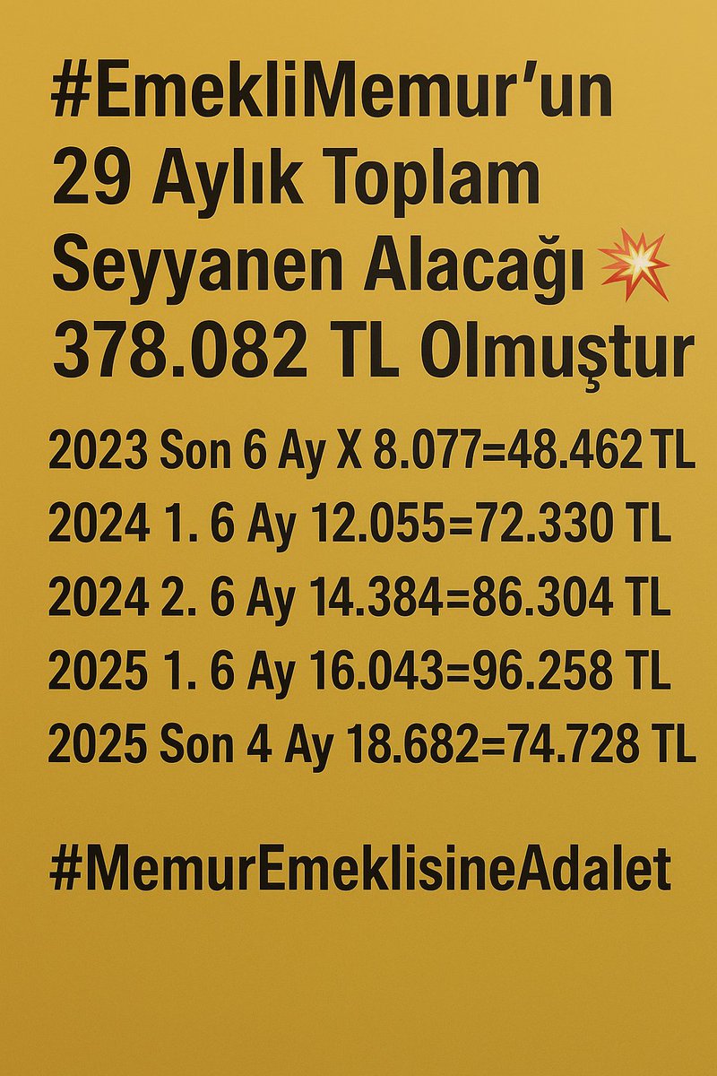 <a href="/erdogansuzer/">Erdoğan SÜZER</a> 76 yıllık yasamız 
nasıl oldu  
SEÇİM AFİŞİ oldu??
Seçimden sonra 
ne oldu da uygulamamak
için 375/40ek maddeyle 
tek seferde #EmekliMemur maaşı açlık sınırı altına indirildi?? 
Üç dönemdir de
eksik enflasyon farkıyla sefalete itildi.
29 aydır neden
#MemurEmeklisineAdalet YOK❓️