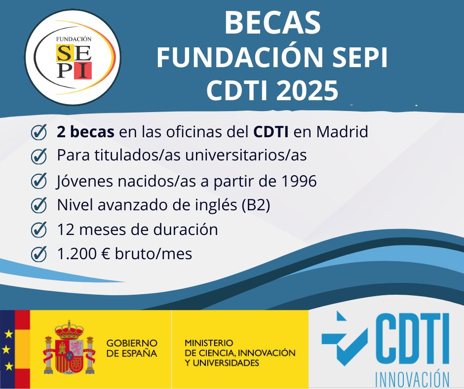 #ÚltimoDía📢 Este miércoles, 15 de octubre, acaba el plazo para solicitar una de las 𝟮 𝗕𝗘𝗖𝗔𝗦 de 12 meses en las oficinas del <a href="/CDTI_innovacion/">@CDTI_innovacion</a> en #Madrid, dentro del programa de #becas Fundación SEPI - CDTI 2025.
👉 fundacionsepi.es/becas/cdti-fse…

#BecasFundaciónSEPI #Prácticas