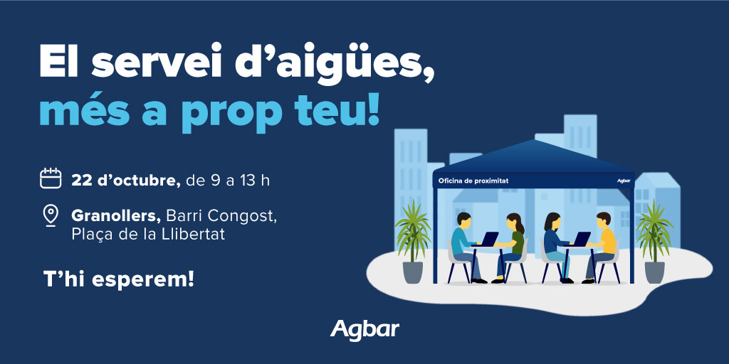 💧 La primera Oficina de proximitat d'Agbar a Granollers arriba al barri del Congost.

🗓️ Aquest 22 d'octubre, apropa't de 9 a 13 h a la plaça de la Llibertat i gestiona fàcilment el teu servei d'aigua.

👋 T'hi esperem!